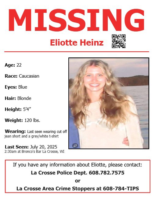 Authorities Search for Missing 22-Year-Old Eliotte Heinz Last Seen Near Mississippi River in La Crosse
